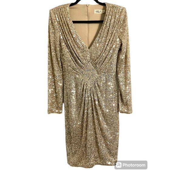 Eliza J Dress Long Sleeve V-Neck Diamond Panel Sequin Cocktail Dress Gold size 8 - Picture 2 of 11